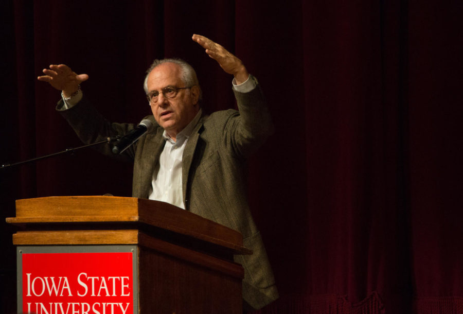 Richard Wolff, a professor of economics at the University of Massachusetts, speaks Monday evening at the Memorial Union. Wolff is also an author of many books relating to economics, including Democracy at Work: A Cure of Capitalism.