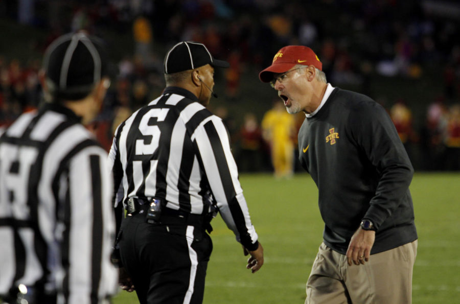 Iowa State's head coach Paul Rhoads argues a call Saturday, Nov. 14, 2015 during the third quarter in Jack Trice Stadium in Ames, Iowa.