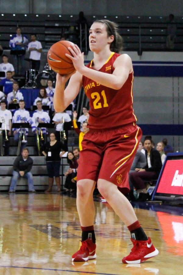 Freshman guard Bridget Carleton takes a three-point shot during a game against the Drake Bulldogs, Nov. 15 in Des Moines. The Cyclones would go on to lose 74-70.