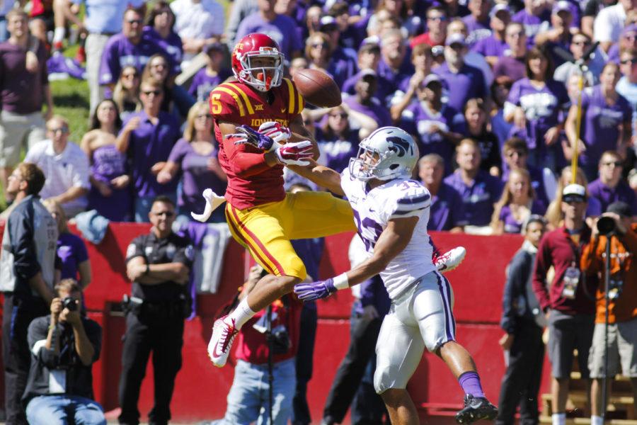 Freshman wide receiver Allen Lazard attempts to catch a pass from quarterback Sam Richardson during the game against Kansas State on Sept. 6 at Jack Trice Stadium. The Cyclones led for much of the game but couldnt maintain their lead in the second half, and the Wildcats won 32-28.