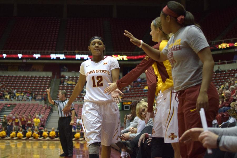 Guard Seanna Johnson heads for the bench in the Cyclones exhibition game against Concordia St. Paul on Nov. 8.