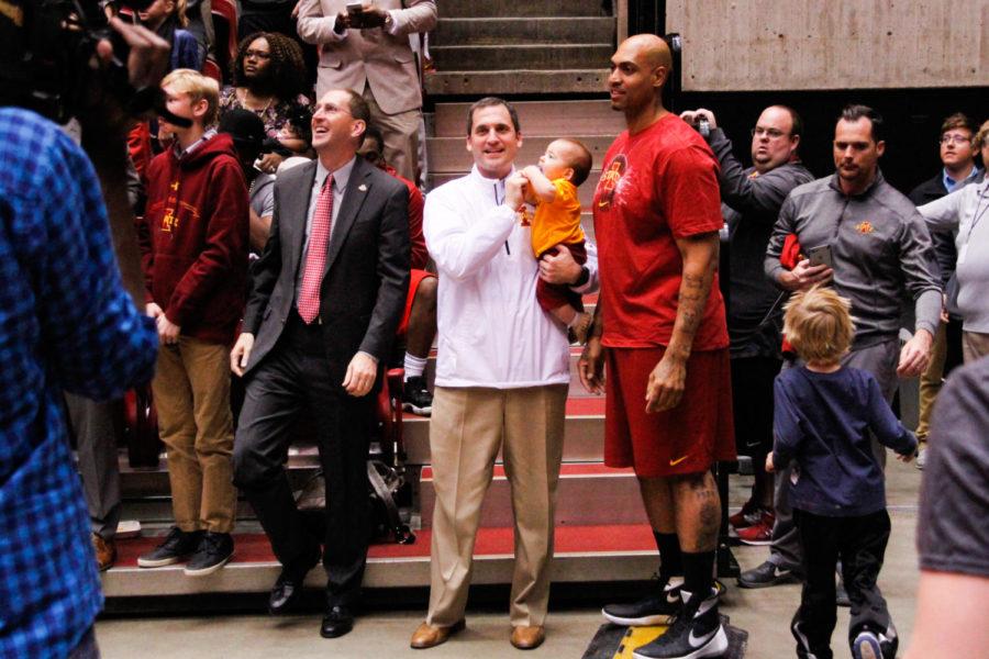 Athletic Director Jamie Pollard stands with new mens basketball head coach Steve Prohm and recent ISU Hall of Fame inductee Marcus Fizer, who played basketball in 1998-2000. 