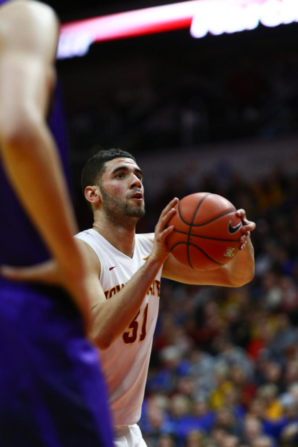 Iowa State senior forward Georges Niang prepares to shoot a free throw during the game against UNI at Wells Fargo Arena. The unranked Panthers would go on to give Iowa State their first loss of the season, defeating the Cyclones 81-79.