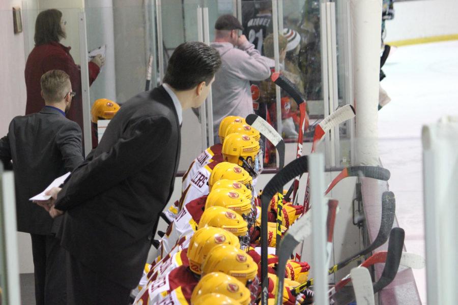 Head Coach and General Manager Jason Fairman and team watch as Cyclone Hockey takes on the Ohio Bobcats. Iowa State lost both games.
