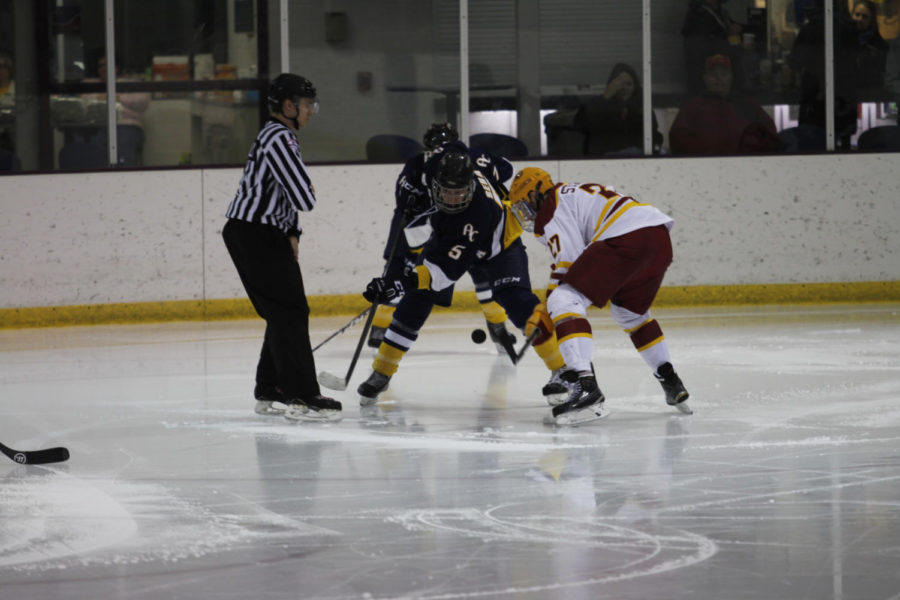 Senior forward Alex Stephens faces off at the ISU vs Augustana game Oct. 30. The ending score was 11-0.