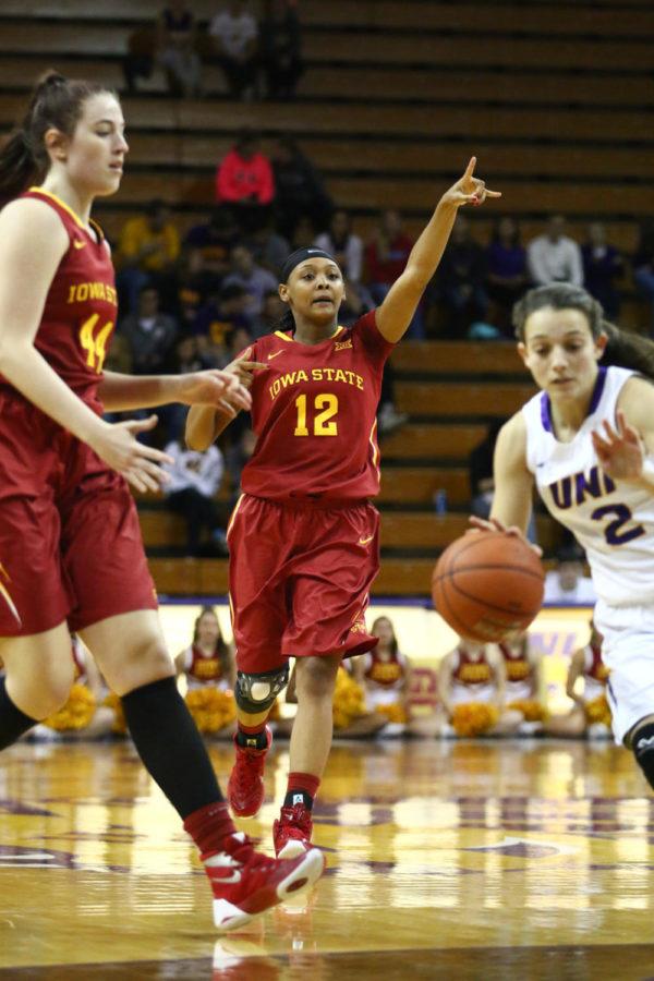 Iowa State junior guard Seanna Johnson points to a player during the game against UNI in Cedar Falls Wed. night. The Cyclones went on to defeat the Panthers 84-75, making it their 12th straight win against them. 