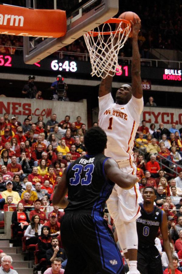 Senior Jameel McKay dunks during a basketball game against the Buffalo Bulls, Dec. 7 in Hilton Coliseum. The Cyclones would go on to win 84-63.