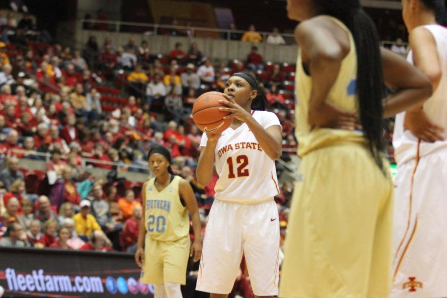 Seanna Johnson, junior guard, shoots at the free-throw line during the womens basketball game against Southern University. ISU won 86-46.