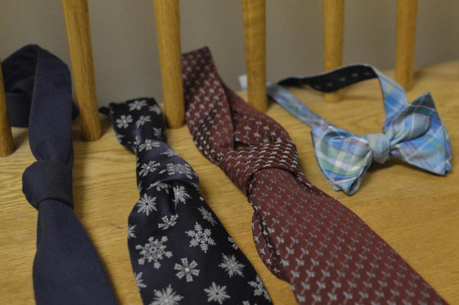 Different knots are associated with different occasions. Four-in-hand (L), half-Windsor, full-Windsor, bow-tie (R). 