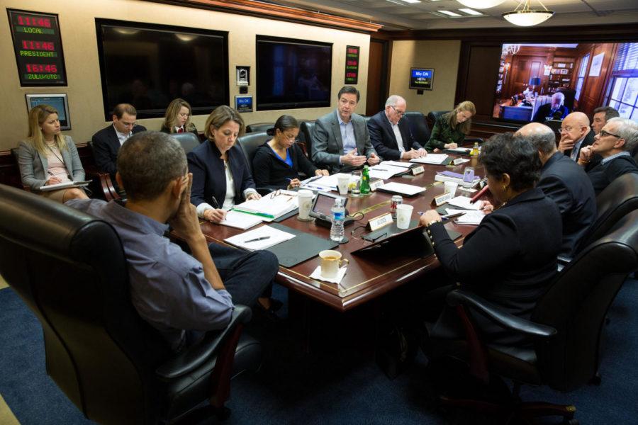 President Barack Obama holds a meeting in the Situation Room to discuss the the San Bernardino, Calif., shootings, Saturday, Dec. 5, 2015.