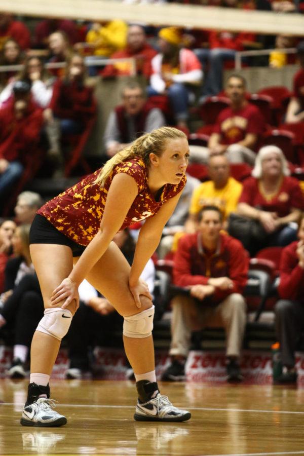 ISU redshirt junior outside hitter Morgan Kuhrt watches for the ball during the game against Texas Sat. night. The No. 14 Cyclones would go on to lose to the No. 3 ranked Longhorns 0-3. 