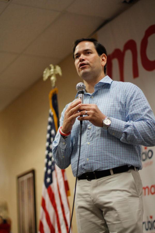 Florida Senator and 2016 Presidential Candidate, Marco Rubio speaks to a crowd at the Holliday Inn in Ames on June 6. Rubio hosted a meet and greet before going to Jonis 1st annual Roast and Ride, hosted by Iowa Senator Joni Ernst.
