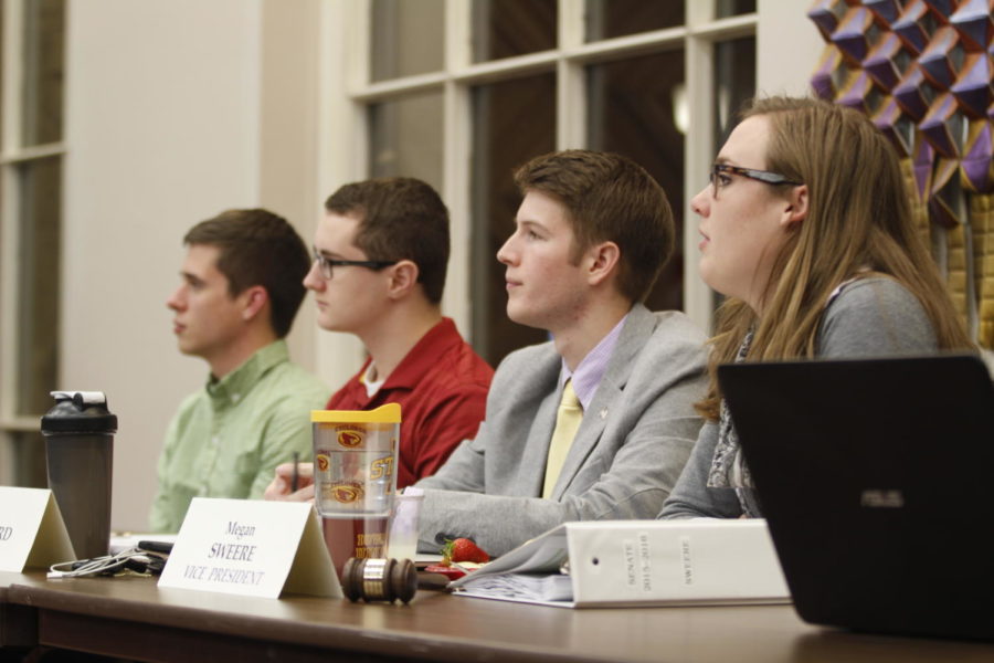 (R to L): Vice President Megan Sweere, Speaker of the Senate Ben Crawford, Vice Speaker Michael Snook and City Council Student Liaison Sam Schulte take part in the joint meeting between Student Government and Ames City Council on Wednesday. 