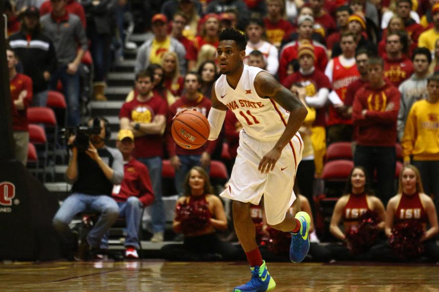ISU point guard Monté Morris dribbles up court against North Dakota State. Iowa State won the game, improving its record to 6-0 on the season. 