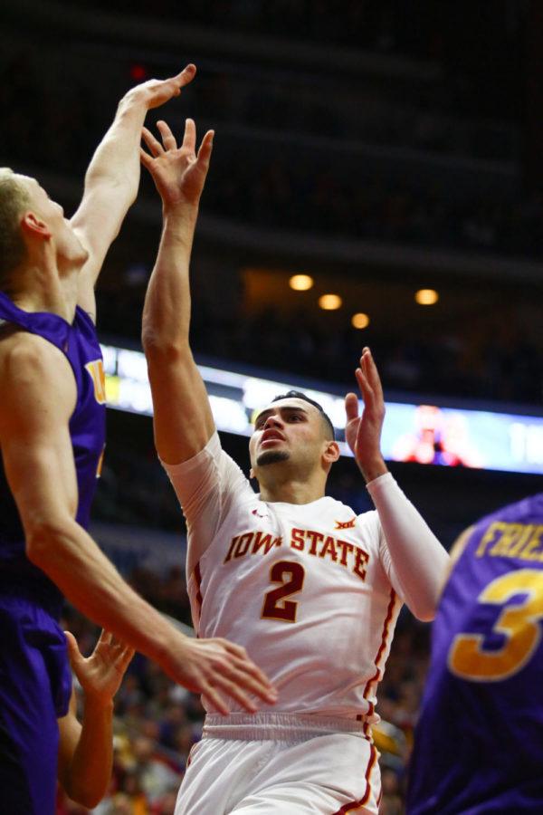 Iowa State redshirt senior forward Abdel Nader goes in for a layup during the game against UNI at Wells Fargo Arena. The unranked Panthers would go on to give Iowa State their first loss of the season, defeating the Cyclones 81-79.