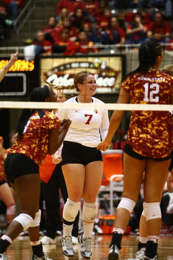 Iowa State senior libero Caitlin Nolan celebrates a point during the game against Texas on Saturday night. The No. 14 Cyclones would go on to lose to the rank three Longhorns 0-3. 