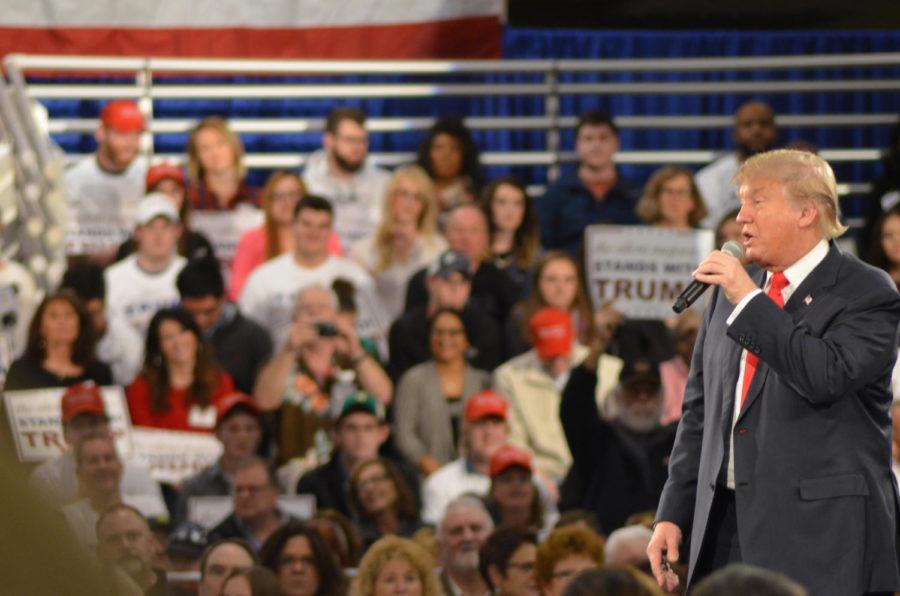 Donald Trump speaking at a town hall event at the varied industries building at Iowa State Fair grounds. Trump answered questions from the crowd while in Des Moines Dec. 11.