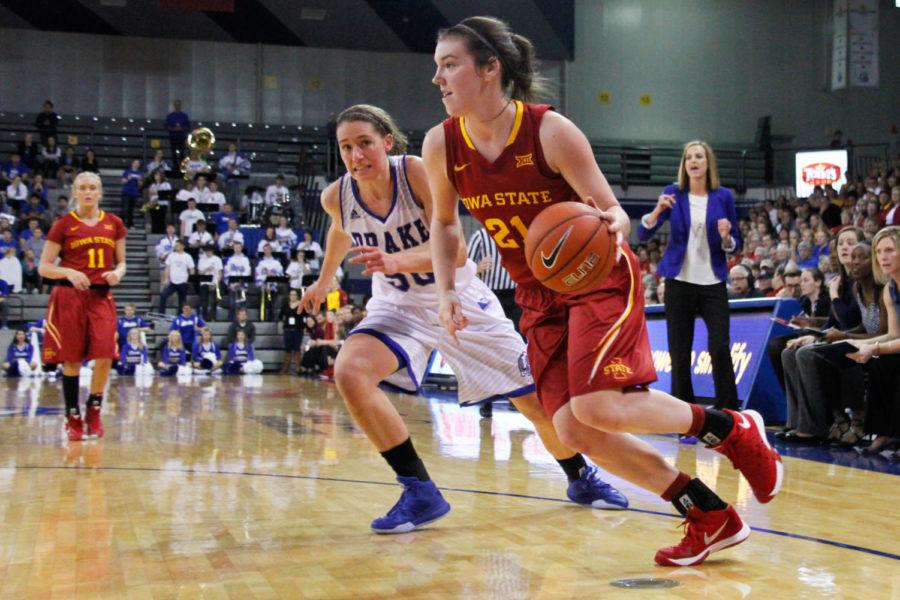 Freshman guard Bridget Carleton drives towards the net during a game against the Drake Bulldogs, Nov. 15 in Des Moines. The Cyclones would go on to lose 74-70.