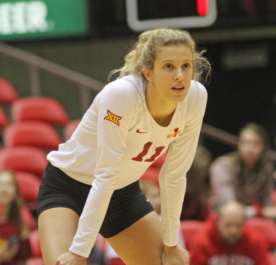 Junior Ciara Capezio prepares for the first play of the game. The Cyclones beat the Sooners 3 sets to 1.