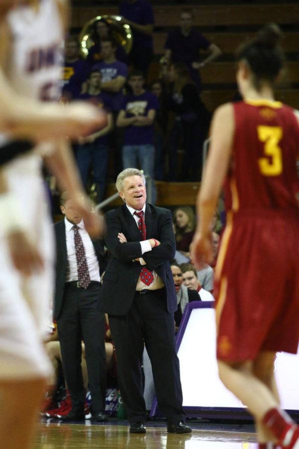 ISU head coach Bill Fennelly expresses anger towards the refs after sophomore center Bryanna Fernstrom got injured. The womens basketball team has been battling injuries since their tournament in Cancun, Mexico last week. 