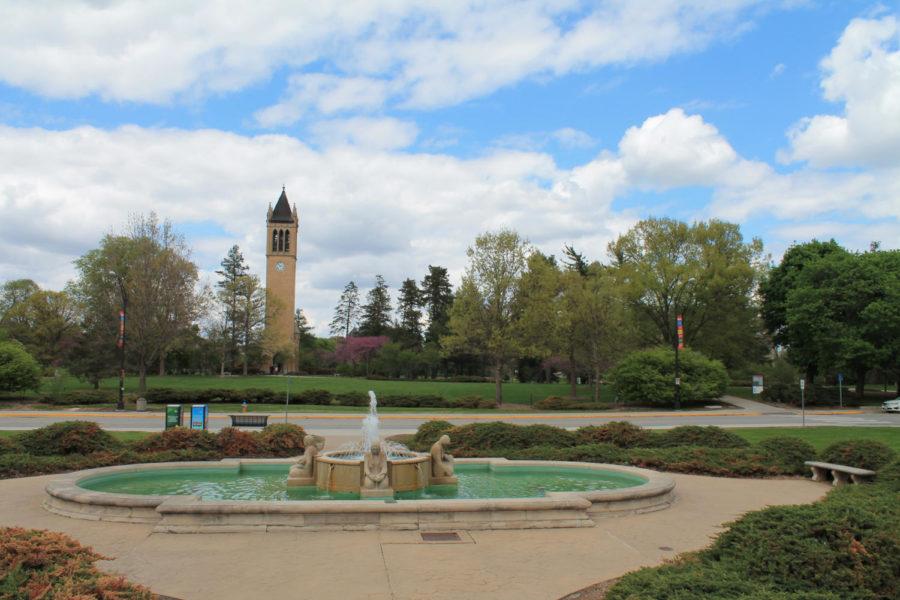 MU fountain and the campanile.