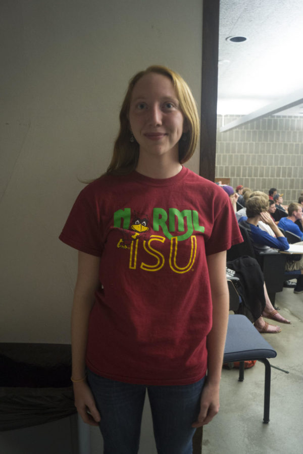 Heather Milder, senior in animal ecology and member of NORML ISU, wears the controversial T-shirt at the first NORML meeting Sept. 17