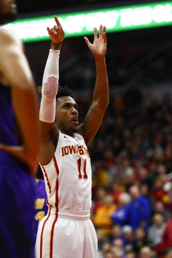 Iowa State junior guard Monte Morris shoots a free throw during the game against UNI at Wells Fargo Arena. The unranked Panthers would go on to give Iowa State their first loss of the season, defeating the Cyclones 81-79.