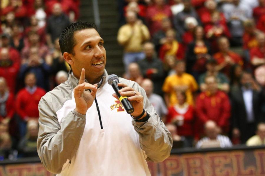 New head football coach Matt Campbell speaks to the crowd at Hilton Coliseum on Tuesday night. Campbell, former head football coach at Toledo University, was hired last week.