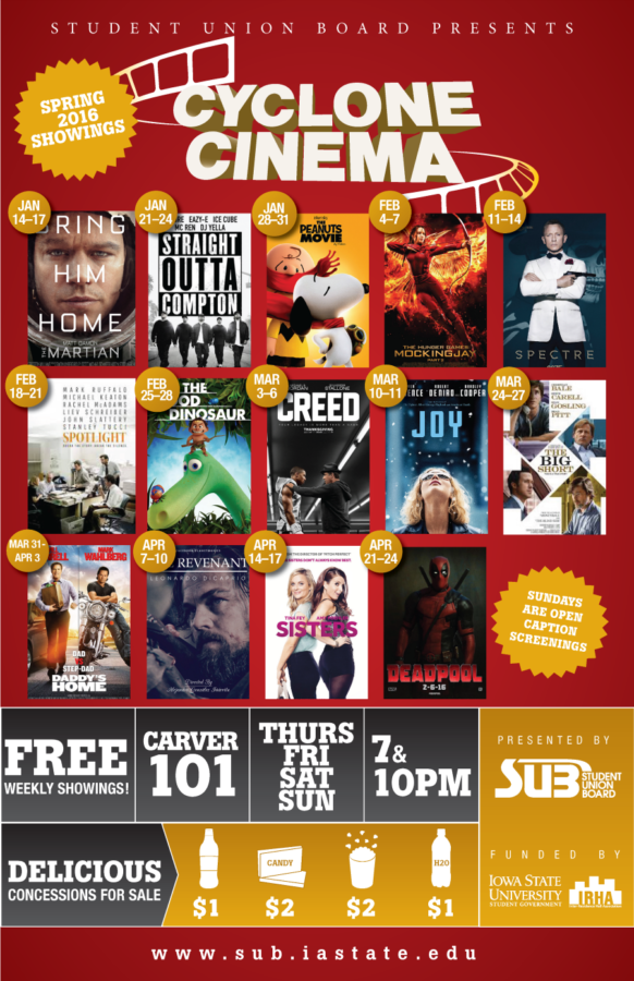 SUBs Cyclone Cinemas spring semester lineup of films includes blockbusters and Academy Award nominees.