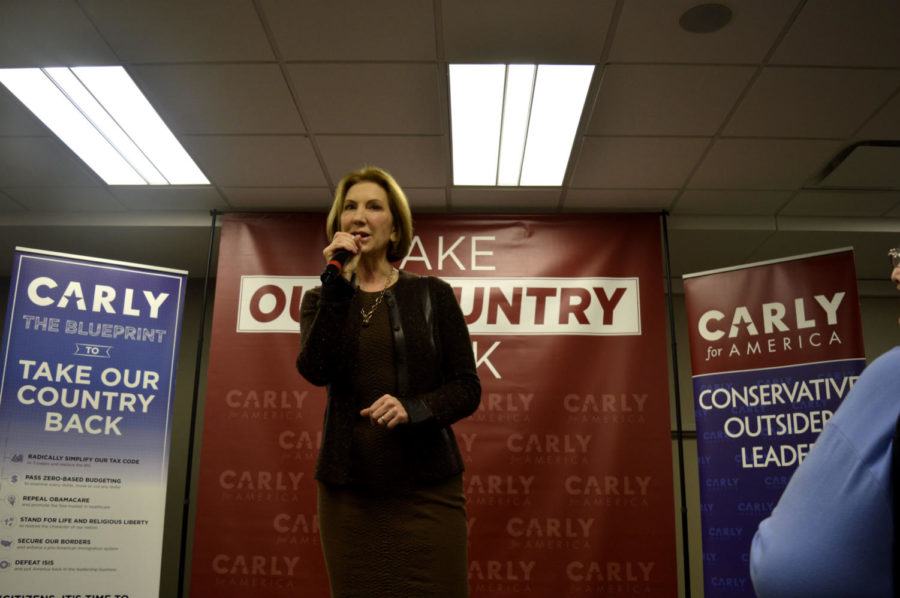 Republican presidential candidate Carly Fiorina speaks at a town hall at Iowa State University in Ames on Jan. 30.