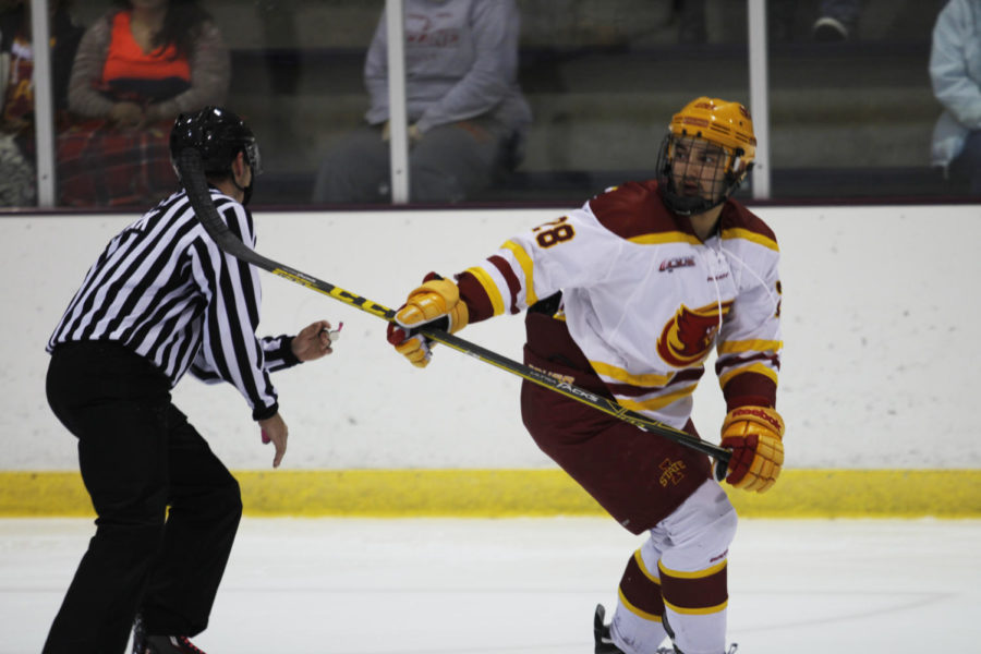 Freshman defenseman Jake Arroyo defends the cyclone team at the ISU vs Augustana College game Oct. 30. The ending score was 11-0.
