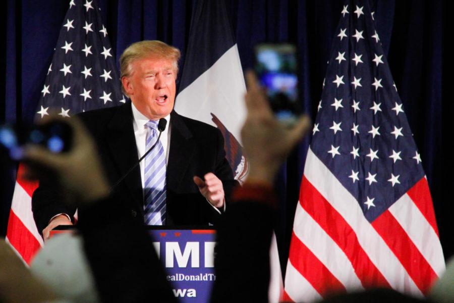 Republican presidential hopeful Donald Trump speaks in front of a crowd on Jan. 19 at the Hansen Agriculture Student Learning Center. Trump talked about economic and healthcare reforms. At the rally he was endorsed by former governor of Alaska, Sarah Palin.