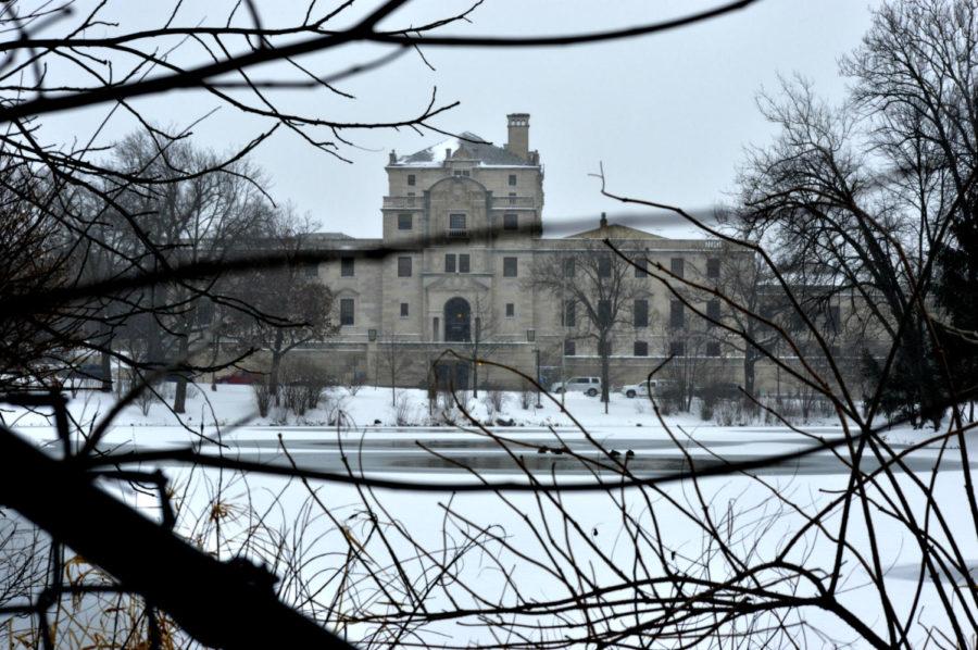 Lake Laverne and the Memorial Union are covered in snow after snowfall in Ames on Dec. 28. 