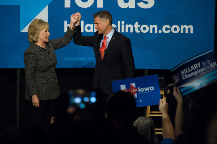 The Brady Campaign, an organization promoting gun reform, president Dan Gross introduces Democratic Presidential Candidate Hillary Clinton during an event at Iowa State University, on Jan 12 in the Benton Auditorium.