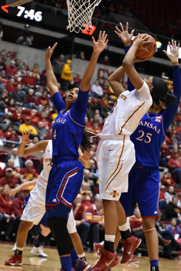 Seanna Johnson, junior guard, scored 10 points and 10 total rebounds at the women's basketball game against University of Kansas on Jan. 9 at Hilton Coliseum. ISU won 65-49.