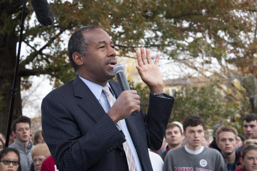 Presidential candidate Dr. Ben Carson speaks during an event at Alpha Gamma Rho Saturday morning. Carson, who recently took lead in the polls, spoke about his stance on key issues regarding his presidential campaign, as well as his reasons for running for president. 