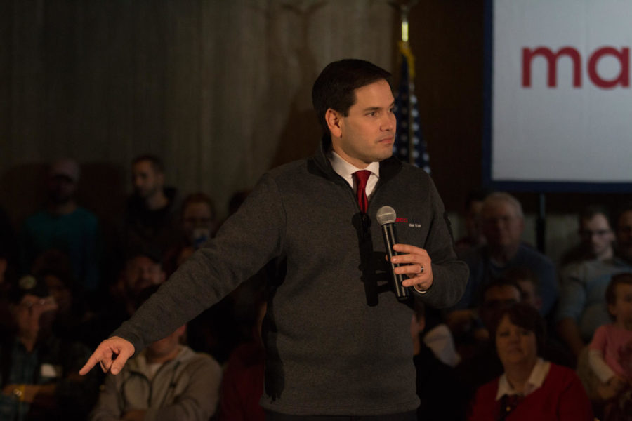 Republican presidential candidate Marco Rubio speaks to supporters at the Scheman Building Jan. 30. The Florida senator spoke about a range of issues, including his own student loan debt. Higher education is no longer a luxury, its a necessity, he said.