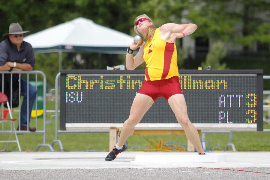Christina Hillman throws the shot put at the Big 12 Outdoor Championship on May 17, 2015. 