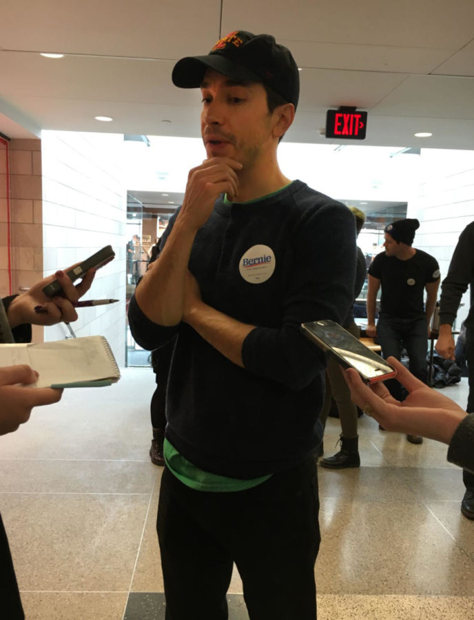Justin Long, actor known for his role in the film Dodgeball, stopped by Iowa State University campus to endorse presidential hopeful Bernie Sanders and to encourage students to caucus Feb. 1.