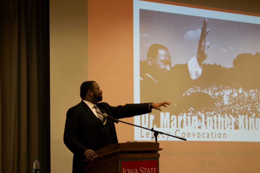 James Bailey, CEO of Operation Hope and keynote speaker at the Martin Luther King Jr. 2015 Legacy Convocation, gives a speech about Iowas contribution to the civil rights movement. The 2015 Legacy Convocation took place Jan. 22 in the Sun Room of the Memorial Union.