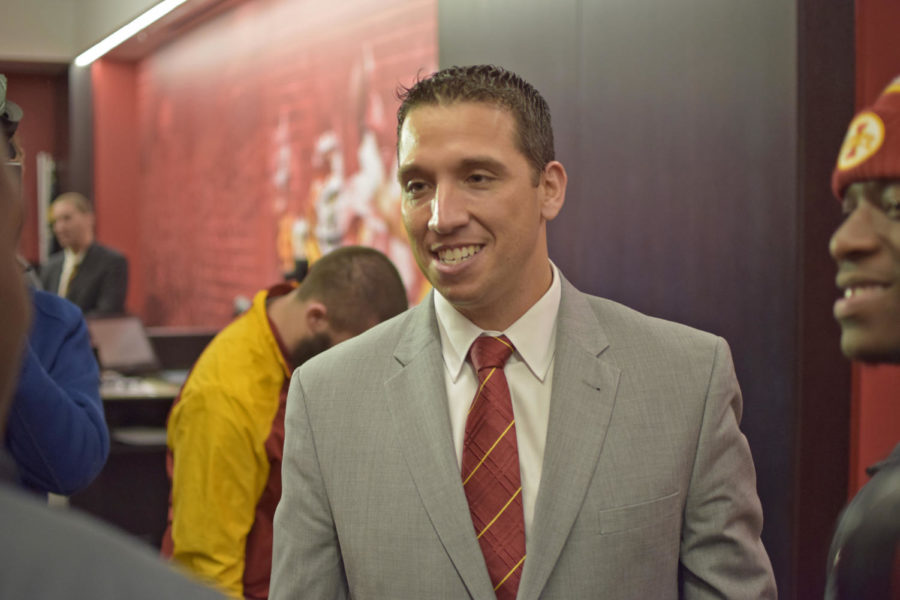 Matt Campbell talks to players at his introductory press conference on Monday, Nov. 30, 2015.