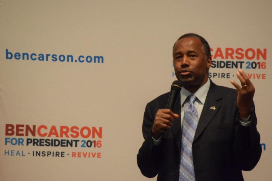 Republican presidential candidate Ben Carson speaks at his Trust in God townhall in Ames on Sunday night. Carson discussed Islamic terrorism, securing the border, and national debt.