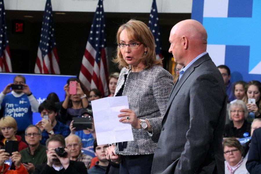 Former U.S. Rep. Gabby Giffords, D-Ariz. speaks at the Get Out The Caucus Event held at Iowa State University in Howe Hall. When rallying the crowd of Clinton supporters Giffords stated, Speaking is hard for me, but come January, I want to say these two words: Madam president.