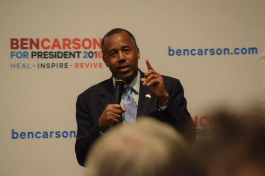 Republican presidential candidate Ben Carson speaks at his "Trust in God" townhall in Ames on Sunday night. Carson discussed Islamic terrorism, securing the border, and national debt.