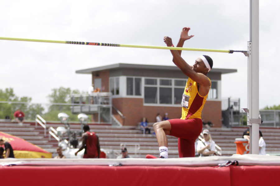 Freshman Jalen Ford attempts to clear the high jump bar at the Big 12 Outdoor Track & Field Championships at the Cyclone Sports Complex in Ames on May 16, 2015.