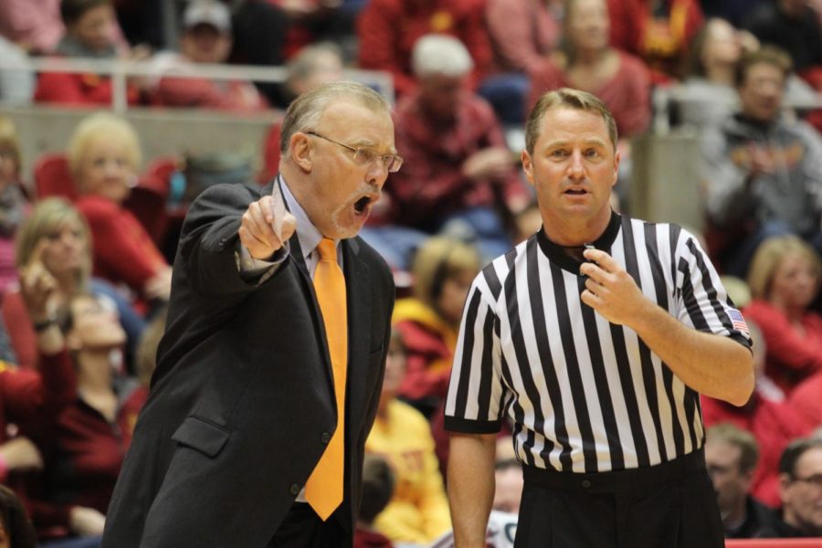 Oklahoma State coach Jim Littell yells at a referee after a call in the second half against Iowa State on Jan. 31. Oklahoma State defeated Iowa State 63-62.