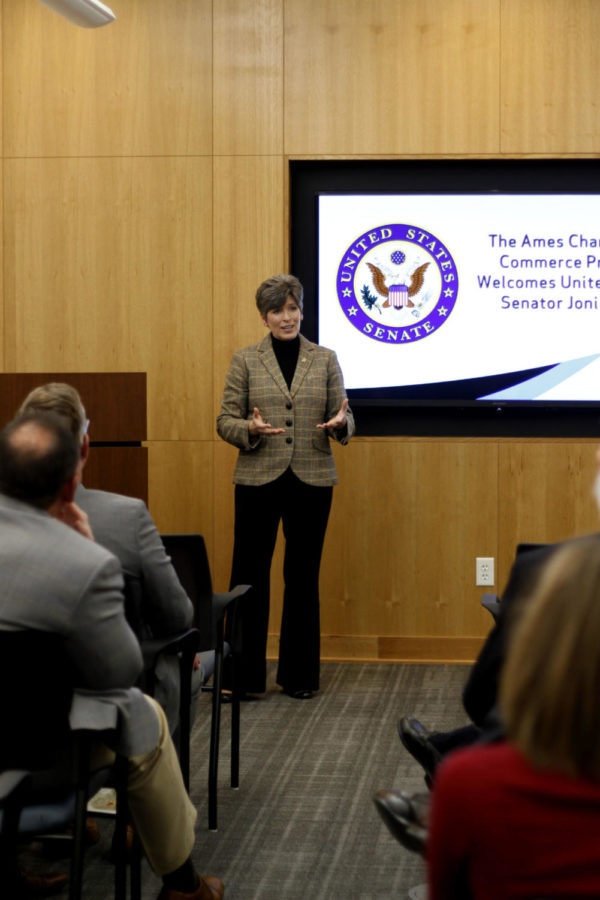 U.S. Sen. Joni Ernst, R-Iowa, speaks at the Ames Chamber of Commerce as part of her 99 county tour of Iowa on Jan. 8. Take a look at the story. 