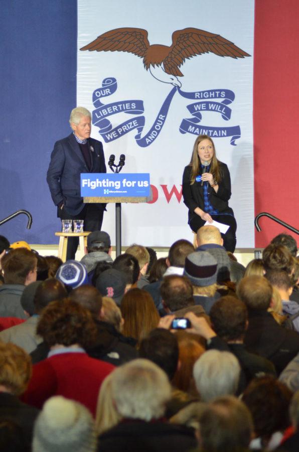 Bill Clinton, former President of the United States of America, and daughter Chelsea Clinton campaign for Hillary Clinton. They spoke at Lincoln High School in Des Moines, Iowa. Bill and Chelsea encouraged suppoters to go out and caucus.