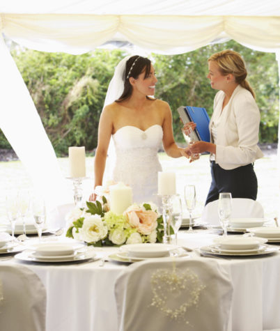 Wedding planner and Bride talk over the wedding plans.
