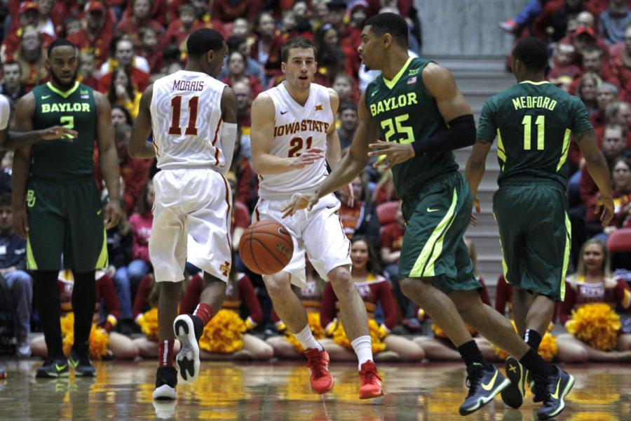 Matt Thomas plays defense against Baylor on Saturday, January 9, 2016 at Hilton Coliseum. Baylor won the game 94-89, handing the Cyclones their first home loss of the season.
